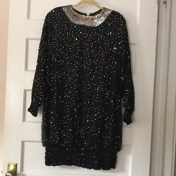Vintage Saks Fifth Avenue Dress Sequins Rainbow Black Beaded Ruched Mini - Picture 3 of 14